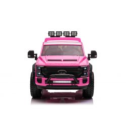 Mașină electrică pentru copii Ford Super Duty 24V roz, două locuri, tracțiune 4X4, motoare performante 24V, baterie portabilă, roți duble EVA spate, scaun din plastic, telecomandă 2,4 GHz, rampă lumină cu LED, MP3 player intrare USB, licență ORIGINALĂ
