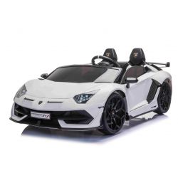 Mașină electrică copii Lamborghini Aventador 12V, două locuri, scaun din plastic, alb, telecomandă de 2,4 GHz, intrare USB / SD, suspensie, ușă cu deschidere verticală, roți EVA moi, 2 X MOTOR, licență ORIGINALĂ