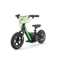 Bicicletă electrică pentru copii TRYBIKE RTX3 24V (12"), verde, baterie litiu, motor 100W, frână disc, Scaun reglabil din PU moale