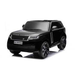 Mașină electrică Range Rover model 2023, două locuri, negru, scaune din piele, radio cu intrare USB, tracțiune spate cu suspensie, baterie 12V7AH, roți EVA, pornire cu cheie în trei poziții, telecomandă de 2,4 GHz, model licențiat