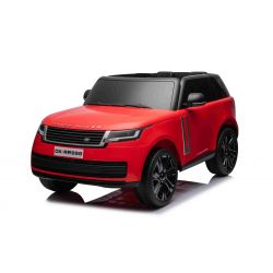 Mașină electrică Range Rover model 2023, două locuri, roșu, scaune din piele, radio cu intrare USB, tracțiune spate cu suspensie, baterie 12V7AH, roți EVA, pornire cu cheie în trei poziții, telecomandă de 2,4 GHz, model licențiat