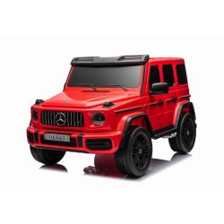 Mașină electrică Mercedes-Benz G63 AMG 4x4 cu două locuri 12V, roșu, MP3 Player cu intrare USB/AUX, tracțiune 4x4, baterie 12V14Ah, roți EVA cu suspensie, scaune din piele, telecomandă, licențiat