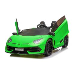 Mașină electrică copii Lamborghini Aventador 24V două locuri, caroserie lăcuită verde, 2.4 GHz DO, scaune moi din PU, afișaj LCD, suspensie, uși cu deschidere verticală, roți EVA moi, MOTOR 2 X 45W, licență ORIGINALĂ
